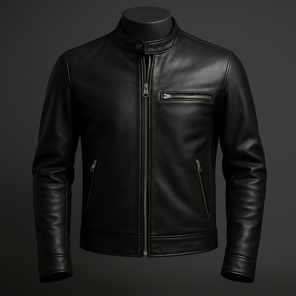 Áo khoác da nam kiểu Cafe Racer, màu đen, chất liệu da thật mịn, cổ đứng nhỏ, khóa kéo thẳng giữa, thiết kế tối giản hiện đại, hiển thị trên ma-nơ-canh nam trong ánh sáng studio.
