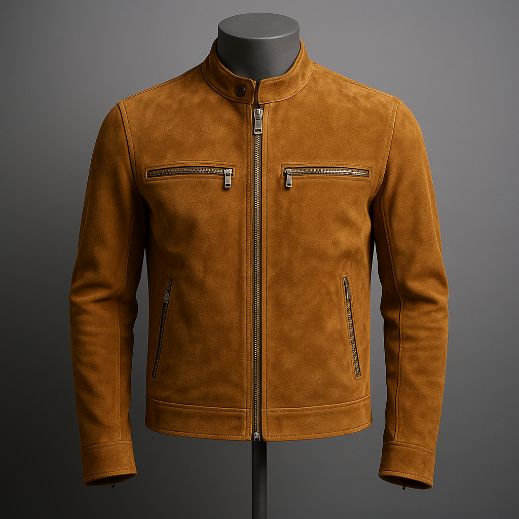 Áo khoác da nam biker chất liệu da lộn (suede) màu nâu sáng, bề mặt mờ mềm mại, thiết kế cổ đứng, khóa kéo giữa, hiển thị trên ma-nơ-canh nam trong ánh sáng studio.