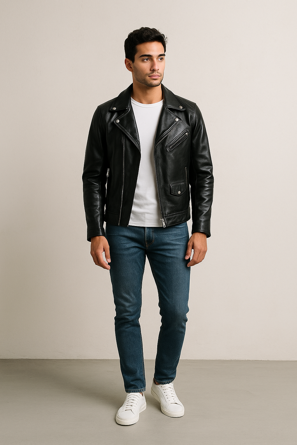 Áo biker nam, T-shirt trắng, jean xanh, sneaker – set cơ bản trẻ trung