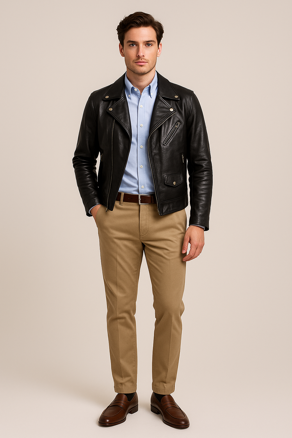 Áo biker, sơ mi Oxford xanh, chinos, giày derby – lịch sự có điểm nhấn