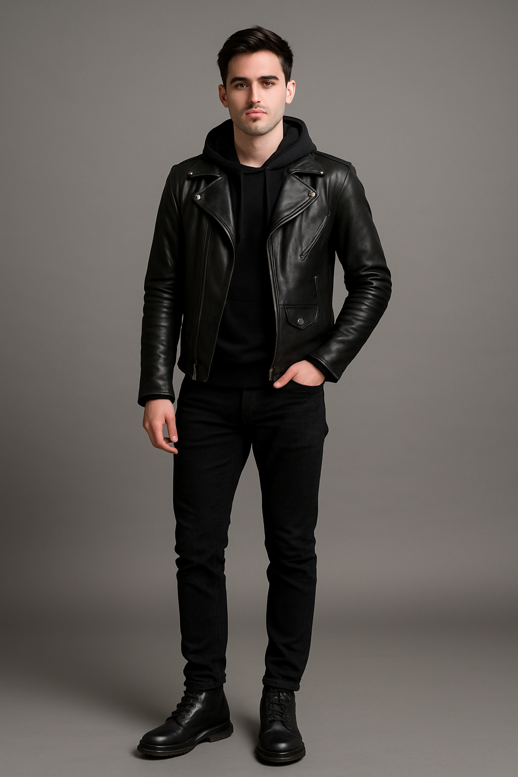 Áo biker với hoodie mỏng, jean đen, boots – layer ấm, street vibe