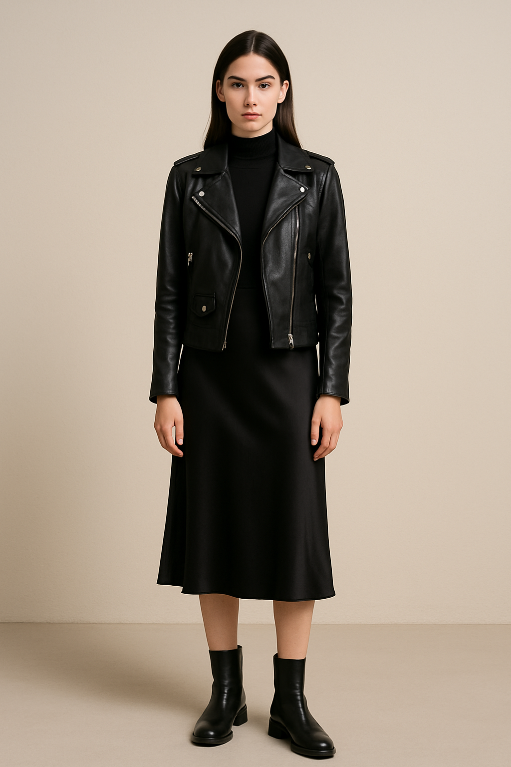 Áo biker nữ, váy slip/midi, boots – cá tính nữ tính