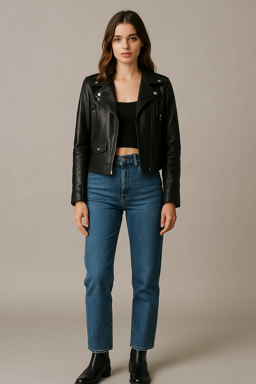 Áo biker nữ, crop top, jean ống đứng – cân đối tỉ lệ, khoe eo
