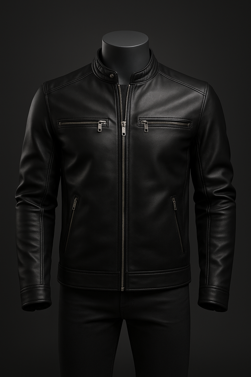 Áo khoác da nam biker hiện đại, form slim-fit ôm dáng, màu đen, chất liệu da thật bóng nhẹ, khóa kéo thẳng giữa, chi tiết tối giản tinh tế, hiển thị trên ma-nơ-canh nam trong ánh sáng studio.